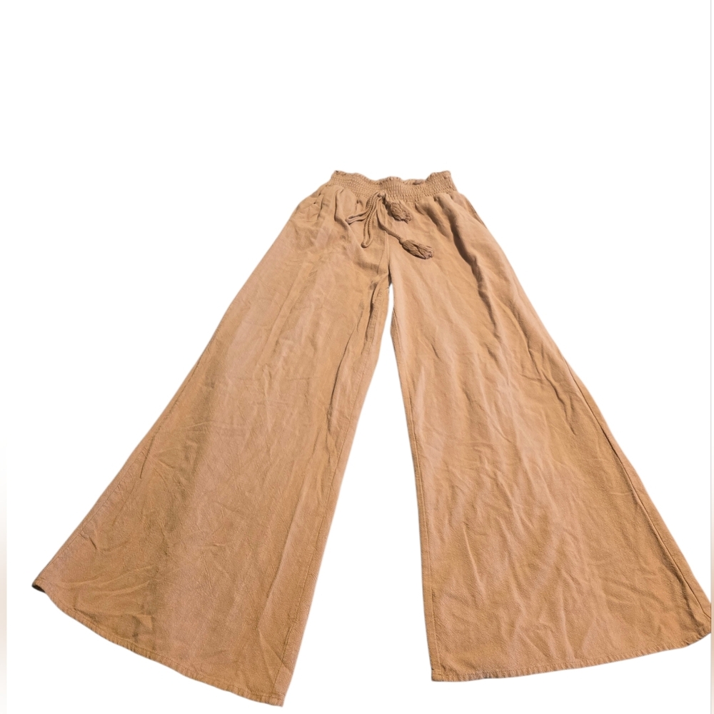 Linen Blend Tan Wide-Leg Elastic Ruched Waist Pants Size Small EUC
